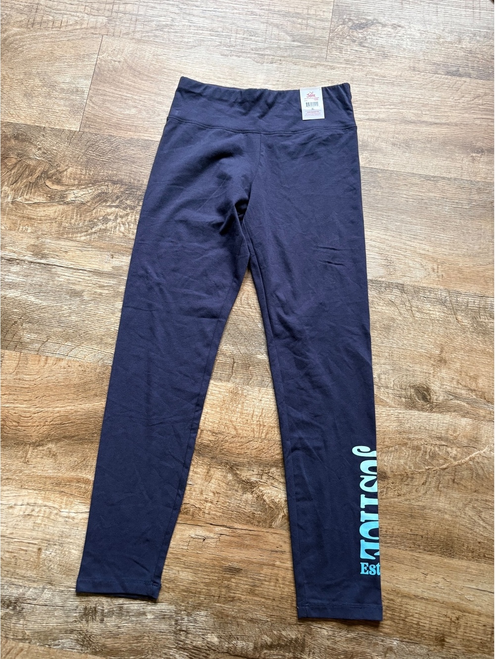 Justice Girls' Navy Blue Leggings Size L with Teal Logo Print